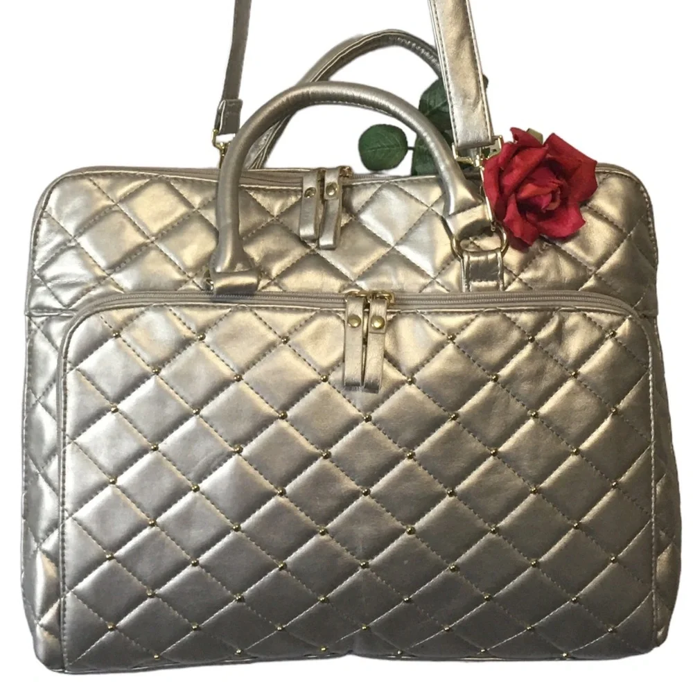 BUENO embellished laptop crossbody metallic bag silver/gray Gold beads SA…